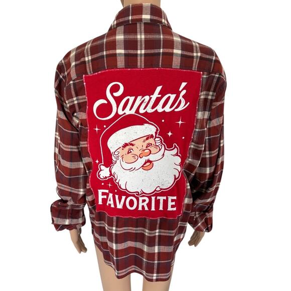 Upcycled Unisex Plaid Flannel Shirt Santa’s Favorite Graphic Christmas Patchwork - Picture 1 of 6